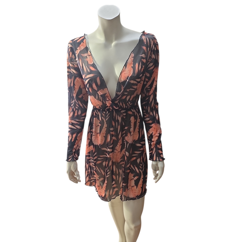 Black And Orange/Peach V-Neck Long Sleeve Stretchy Swim Cover